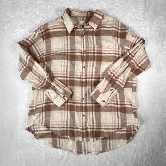 Altar'd State Oversized Brown and Pink Plaid Button-Up Blouse Medium - Picture 5 of 8